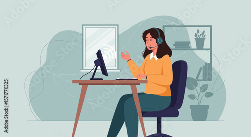 Woman Working From Home On A Computer Telecommuting With A Headset