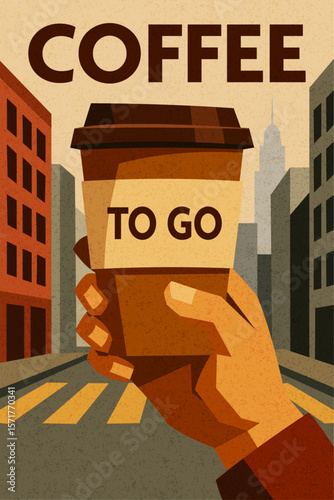 Hand holding a coffee cup in city street. modern geometric illustration with urban background and warm brown tones of morning espresso