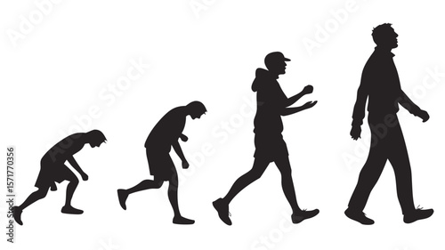 Human evolution progression from crawling to walking upright in silhouette