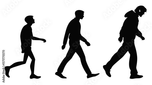 Silhouettes of three men walking in sequence showing progression and change