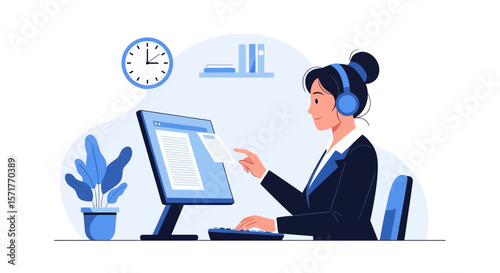 Woman Working On Computer With Headset In Office Minimalist Style