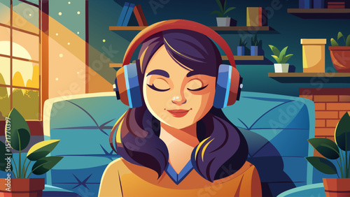 A peaceful young adult female, appearing serene, relaxes with eyes closed, wearing headphones and enjoying music or an audiobook on a sofa