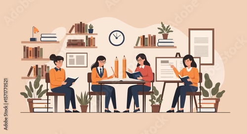 Women Gathered In Library For Studying And Reading Books With Pencils And Knowledge
