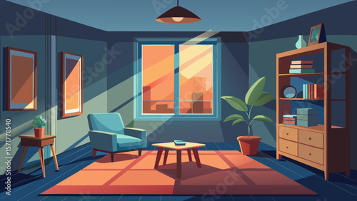Cozy living room with armchair and bookshelf bathed in warm sunset light
