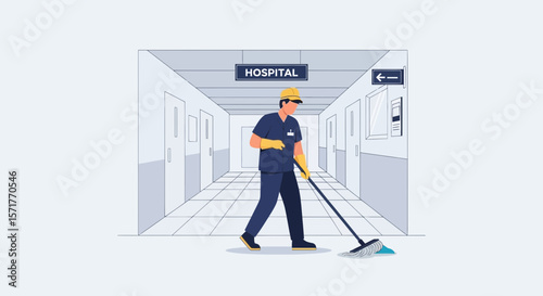 Worker Mops Hospital Corridor for Hygiene Infection Control Illustration