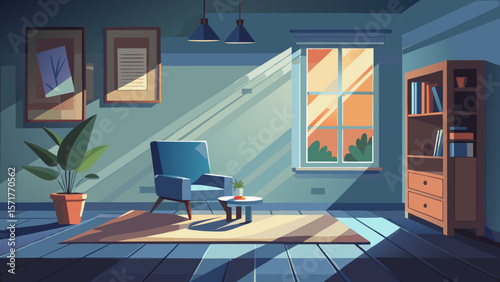 Cozy living room with blue armchair bathed in warm sunlight from window