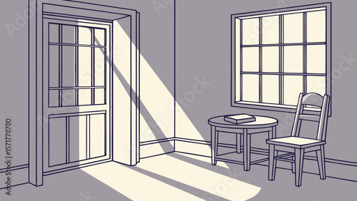 Sunlight streams through a window and door into an empty room with a chair and table