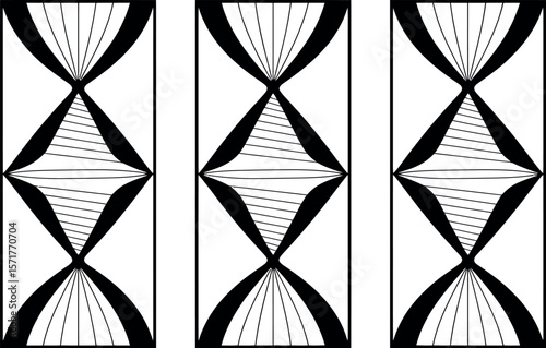 Three panels with geometric hourglass shapes in black and white with line art details inside


