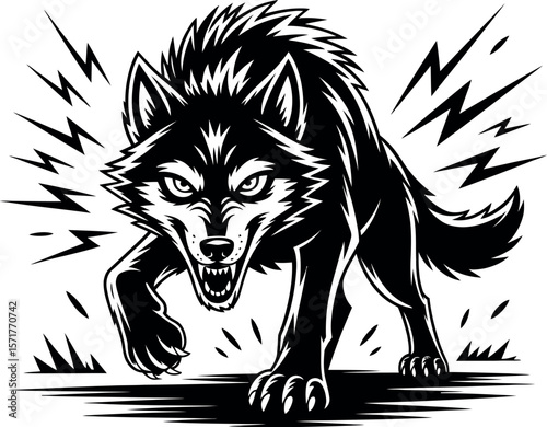 A black and white illustration of an angry wolf with sharp teeth and lightning background art