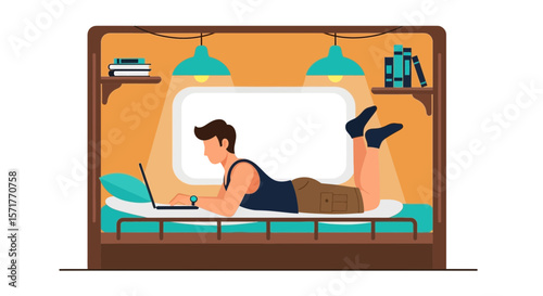 Young Adult Relaxing With Laptop On Bed In Cozy Room Interior Illustration