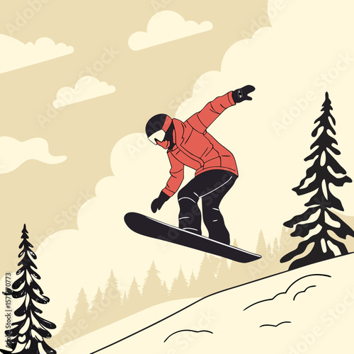 Snowboarder performing a jump on snowy slope surrounded by pine trees  