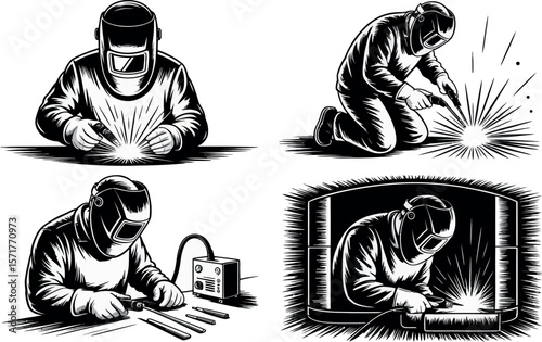 Four black and white illustrations of a welder in different poses and working environments shown


