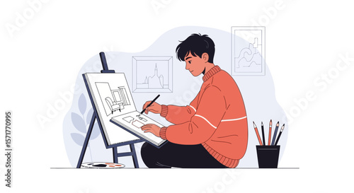 Young Artist Sketching Interior Design with Easel and Drawing Equipment