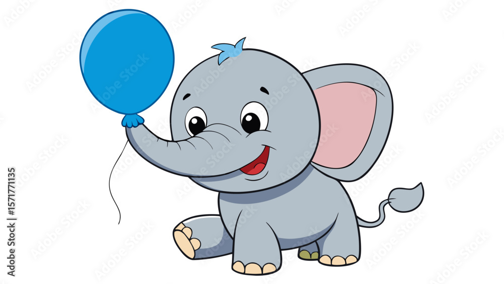 Fototapeta premium Cute cartoon baby elephant holding a blue balloon with a happy expression