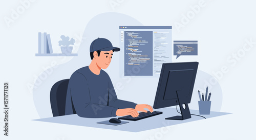 Young Developer Working On Computer Writing Code At Home Or Office