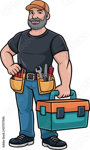 A cartoon handyman with a gray beard wearing a tool belt and holding a toolbox stands smiling


