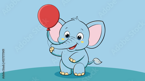 Cute cartoon baby elephant holding a red balloon with a happy expression