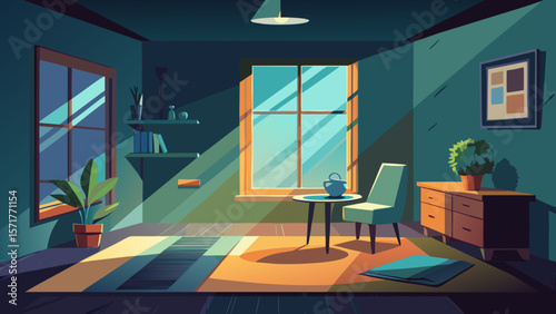 Cozy living room bathed in warm sunlight streaming through a large window