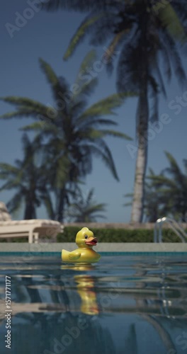 op view of a bright yellow rubber duck floating in a clear blue swimming pool with mosaic tiles. Sunlight casts a soft shadow. Wooden deck and stone edge create a clean, cheerful summer scene