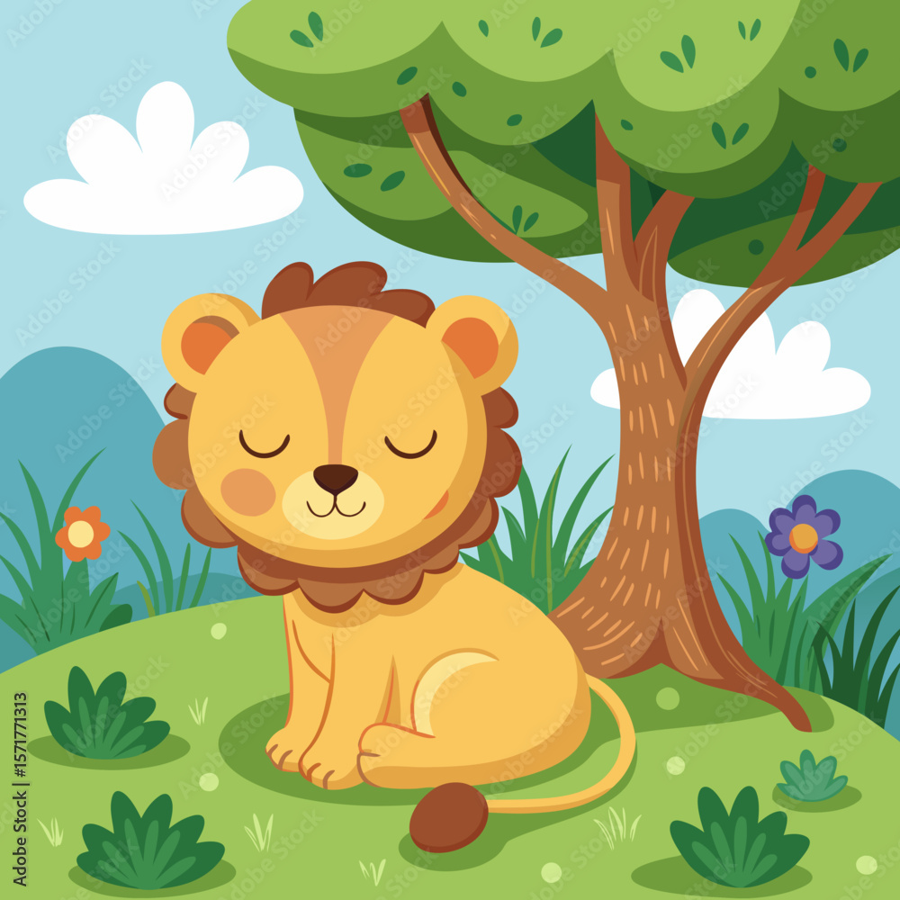 Fototapeta premium Cute cartoon lion resting peacefully under a large tree in a sunny meadow