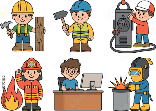 Illustration of six cartoon characters depicting different professions on a white background


