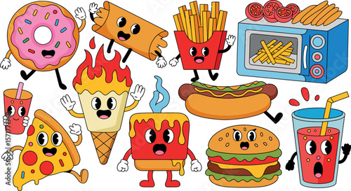 Cartoon illustration of anthropomorphic fast food items with exaggerated features and expressions


