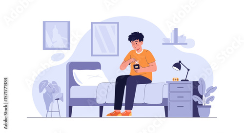 Young Man Enjoying A Yogurt Treat Sitting On Bed In Relaxing Bedroom Scene