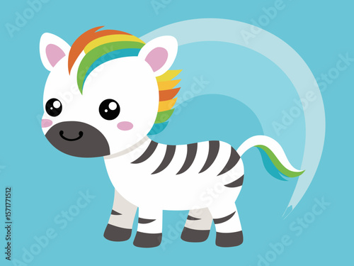 Cute cartoon rainbow zebra with colorful mane and tail on blue background