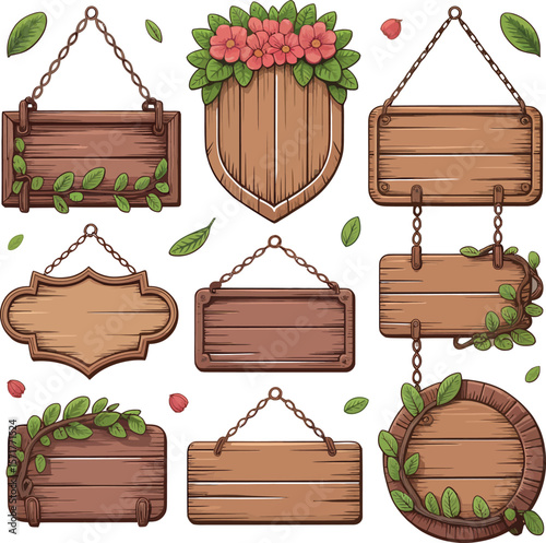 Collection of cartoon wooden signs hanging from chains with foliage and floral decorations


