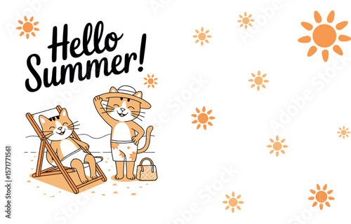 Illustration of two cartoon cats enjoying summer vacation at the beach with hello summer text


