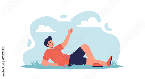 Young Man Relaxing Outdoors Gazing Upward at the Sky and White Clouds