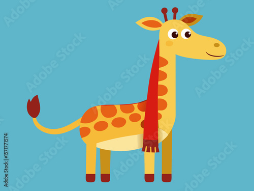 Cute cartoon giraffe wearing a red scarf on a blue background