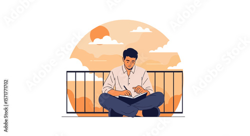 Young Man Writing Diary on Balcony In the Sunlight Illustration Style