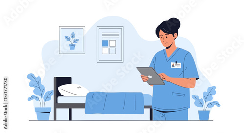 Young Nurse Consults Patient Data On Tablet In Hospital Room Modern Design