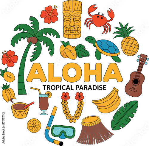 A colorful illustration of aloha tropical paradise elements arranged in a circular composition


