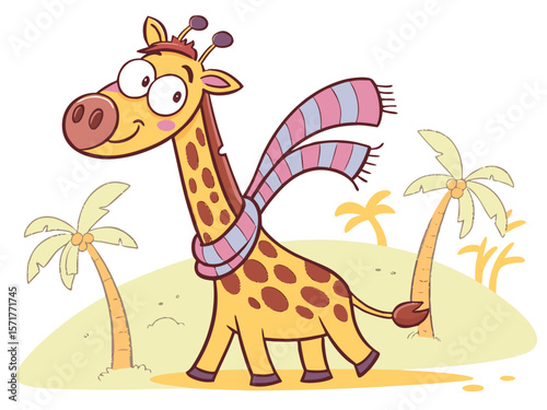 Cute cartoon giraffe wearing a striped scarf in a tropical landscape