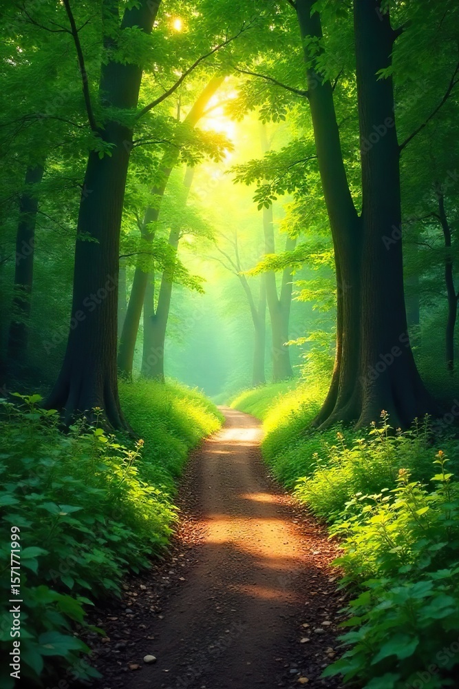 Naklejka premium Magical Sunlit Forest Path Winding Trail Through Lush Green Foliage, Dappled Sunlight, Summer Nature Scene