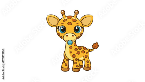 Cute cartoon baby giraffe with big blue eyes and a pacifier