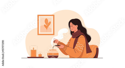Young Woman Creating Relaxing Atmosphere with Aromatherapy and Soft Candlelight