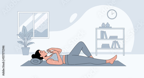 Young Woman Doing Breathing Exercise Lying On Yoga Mat At Home