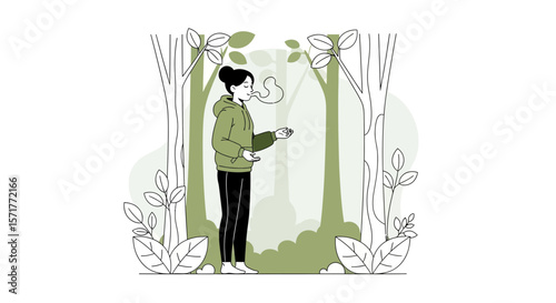 Young Woman Enjoying Nature, Blowing Smoke in Forest Vector Illustration