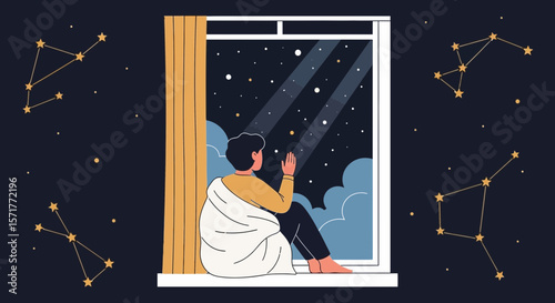 Young Woman Gazing At Starry Night Sky From Window At Home Feeling Peaceful