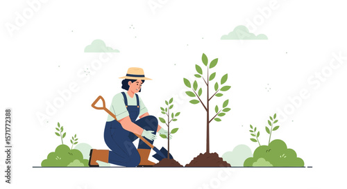 Young Woman Planting Seedling Agriculture In A Farm Countryside Landscape