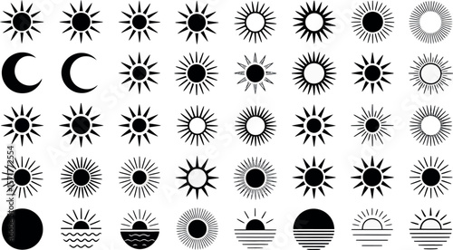 Collection of sun and moon icons in black and white with various designs and orientations


