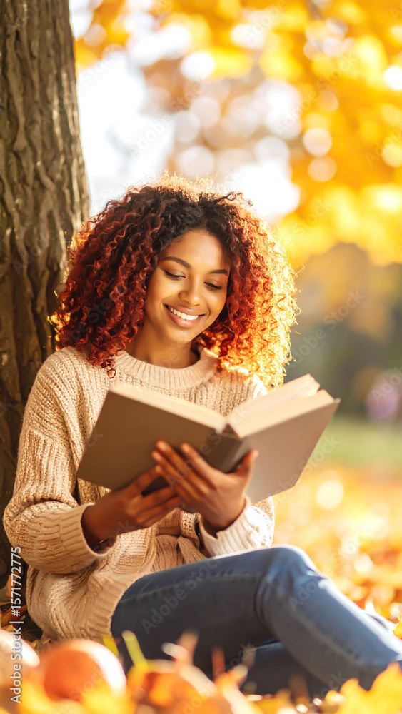 Obraz premium Hübsche junge Frau mit Style sitzt im Herbst im Park und liest ein Buch