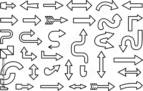 A collection of various arrow designs and shapes in black outline on a white background pattern


