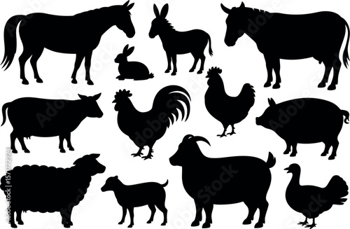 Silhouette illustration featuring a variety of farm animals including horse and livestock set


