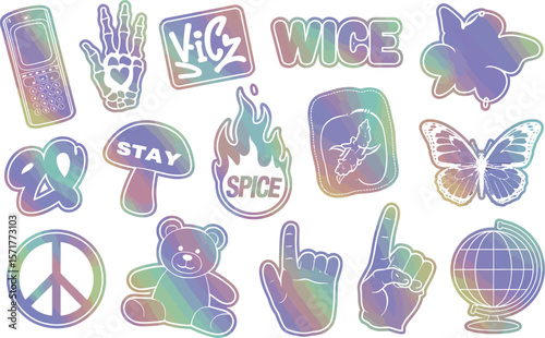 A collection of iridescent stickers featuring various designs on a dark background layout style


