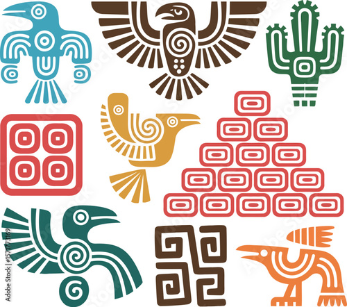 Various stylized aztec or mayan inspired icons including birds, a cactus, and geometric shapes


