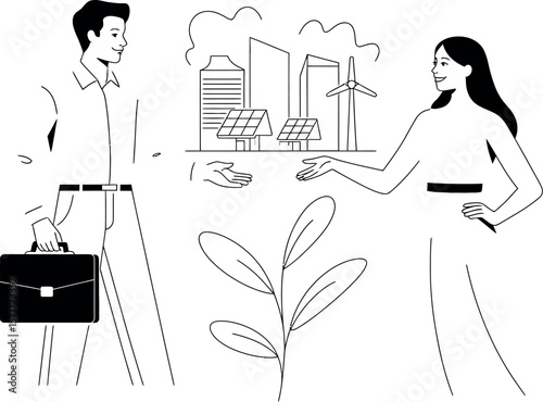 Man with briefcase and woman presenting eco friendly city with solar panels and wind turbine


